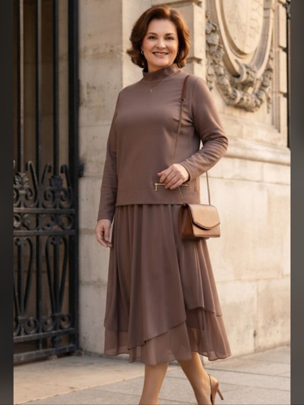 Chic Two-Piece Set: Modern Mock Neck Top & Flowy Layered Skirt Ensemble